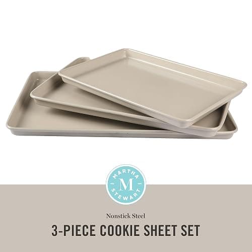 Martha Stewart Gallen 3-Piece Cookie Sheet Set – 13", 15", 17" Baking Pans, Ceramic Nonstick, PFA-Free, Carbon Steel – Oven Safe to 450°F, Warp-Resistant, Easy to Clean - Taupe thumbnail 3