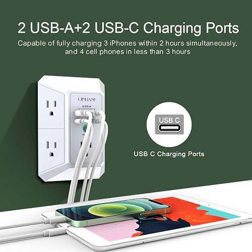 USB Wall Charger, Surge Protector, QINLIANF 5 Outlet Extender with 4 USB Charging Ports(2U2C) 3-Sided 1680J Power Strip Multi Plug Outlets Wall Adapter Spaced for Home Travel Office, White thumbnail 2