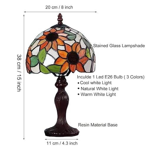 tuomoxte Tiffany Table Lamp,3 Color-Temperature Sunflower Stained Glass Lamp,8X8X15 Inch Small Accent Antique Nightstand Bedside Table Lamps for Bedroom Living Room Home Office Light +LED Bulb thumbnail 6
