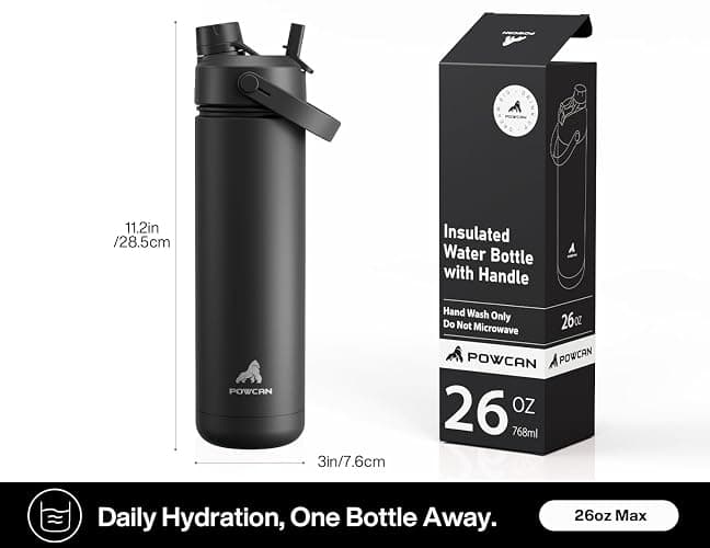 POWCAN 26 oz Insulated Water Bottle with 2-in-1 Straw and Spout Lid, Keep Cold 24H, Leak-Proof, Fits in Car Cup Holder, Stainless Steel Water Bottle for Sports, Travel, and School (Dark Knight) thumbnail 7