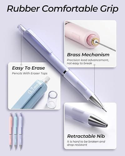 Nicpro 3PCS Cute Mechanical Pencil Set with Case, 0.7 mm Pencils | with 6 Tube HB Lead Refill, 3PCS Eraser, 9PCS Eraser Refill for School Supplies Student Writing, Drafting Drawing Sketching thumbnail 4