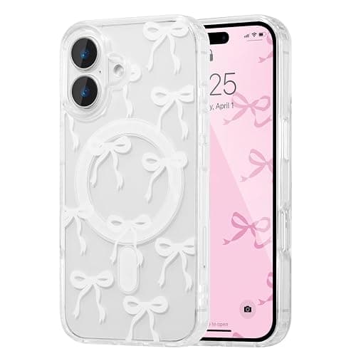 UEEBAI Magnetic for iPhone 16 Case, Bow Case Compatible with MagSafe, Wireless Slim Clear Ribbon Aesthetic Phone Cover Anti-Yellowing Shockproof Protective Cover for Women Girl - White - Image 1