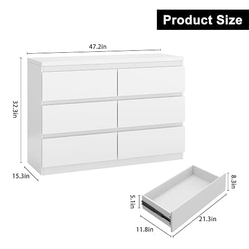 Jocoevol White 6 Drawer Dresser for Bedroom, 15.3" D x 47.2" W x 32.3" H in Simply Modern Chest of Drawers, Wood Storage Double Dresser with Deep Drawers for Living Room, Hallway Entryway, White thumbnail 2
