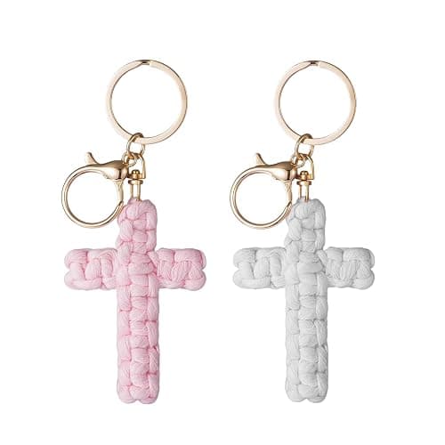 Set of 2: pink and white. Hand-woven cross keychain, soft to the touch, carrying the name of Jesus—Christian car charm and Bohemian ornament in one, a handmade gift for her and for him. - Image 1