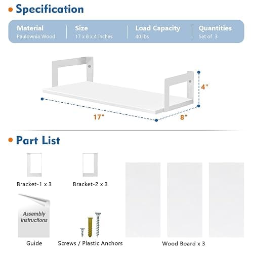 Harwaya White Wall Bookshelf for Kids Room, Small Floating Book Shelf for Teen Girls Boys Bedroom, 8 Inch Deep Wall Mounted Bookshelves for Office Living Room Bathroom Decor (3-Pack) thumbnail 3