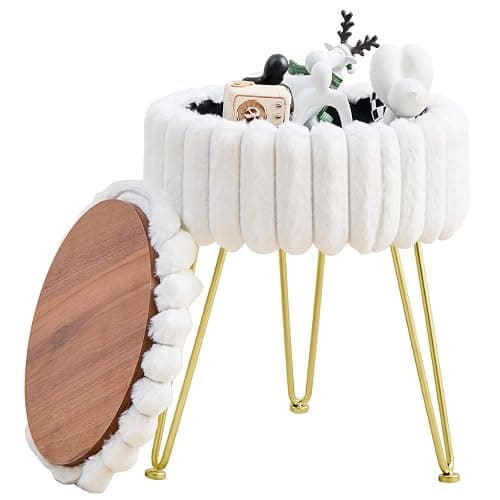 Wimarsbon Vanity Stool with Storage, Faux Fur Ottoman Chair with Metal Legs, Round Makeup Vanity Chair for Bedroom or Dressing Table, Modern Small Ottoman Seat (White) - Image 1