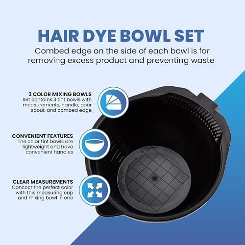 Hair Dye Bowl Set - 3 Black Hair Color Mixing Bowls with Measurements, Pour Spout, Handle & Combed Edge - Reusable Salon Hair Coloring Bowls for Professional or Home Use thumbnail 2