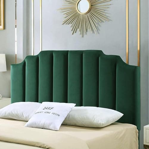 24KF Jade Velvet Tufted Queen Upholstered Headboard, Modern Vertical Channel Design California Queen/Full Headboard with Stepped Silhouette Top Edge,Jade - Image 1