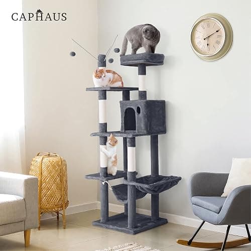 CAPHAUS 70-Inch Multi-Level Tall Cat Tree with Cute Top Perch, Scratching Posts, Cat Activity Tree w/Modern Hammock, Cat Cave Condo for Large Cats Kittens Tall Cat Climbing Play Tower thumbnail 8