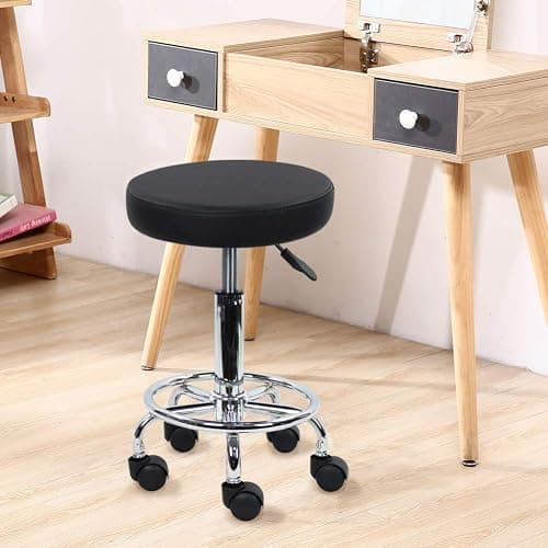KKTONER PU Leather Round Rolling Stool with Foot Rest Swivel Height Adjustment Spa Drafting Salon Tattoo Work Office Massage Stools Task Chair Small (Black) thumbnail 2