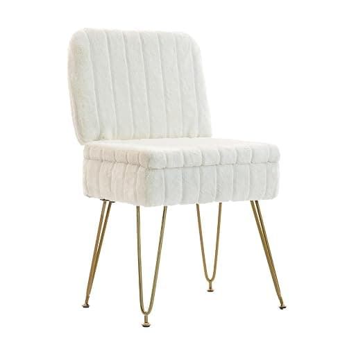 Manyday Vanity Chair with Storage, Comfy Ottoman with Folding Back, Faux Fur Vanity Stool with 4 Metal Legs for Make Up, Furry Padded Seat with Anti-Slip Feet for Bedroom Dressing Room - Image 1