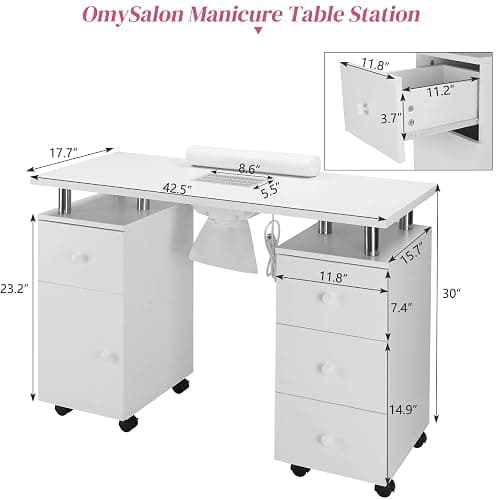 OmySalon Manicure Table Nail Desk for Nail Tech, Nail Table Beauty Salon Station w/Electric Dust Collector Acetone Resistant w/Lockable Wheel,Arm Rest thumbnail 3
