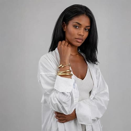 Chunky Gold Bangle Bracelets for Women Trendy 14K Gold Plated Cuff Bracelets Stack, Dainty Gold Bracelet Sets Non Tarnish Fashion Jewelry Gift thumbnail 4