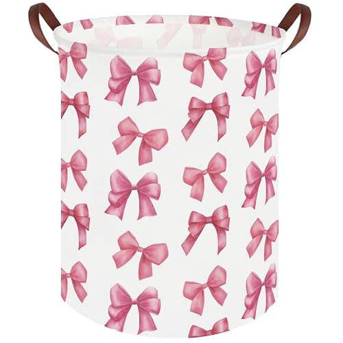 FXOCSHE Bow laundry basket for girls,Nursery Hamper,Pink Laundry Hamper,Waterproof collapsible canvas laundry basket for girls,Pink Girls Laundry Basket,Living Room Decor(Bowknot) - Image 1