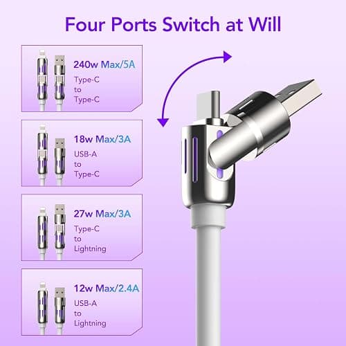 MFish 4-in-1 Universal USB Charging Cable with Carrying Case – 240W Max Fast Charger Cord, USB-A, Dual USB-C & Lighting, for iPhone 14/15/16/17 Series, iPad & MacBook and More (White, 6.6Ft) thumbnail 2