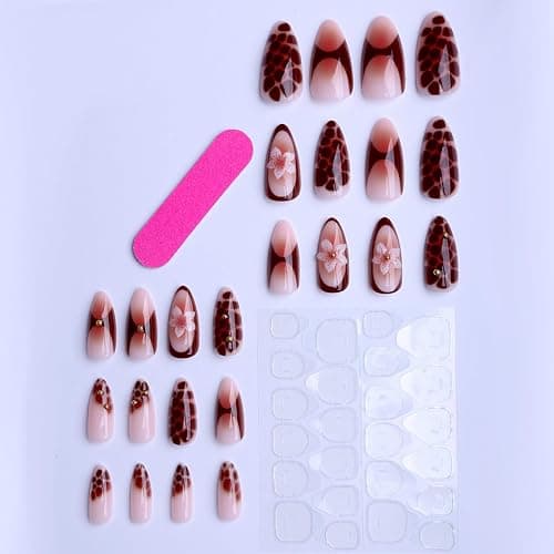 OCTOSWAVE Long Press on Nails Almond Fake Nails French Tip Artificial Nail with Flowers and Rhinestones Charm Stick on Nail for Women 24pcs thumbnail 2