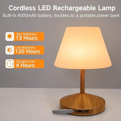 OUTON Rechargeable LED Shower & Table Lamp, Waterproof, USB Output, Stepless Dimming, 3 Colors, Power Indicator, Memory Function, Battery Operated Light for Home, Bathroom, Patio & Outdoor (Wood) thumbnail 5