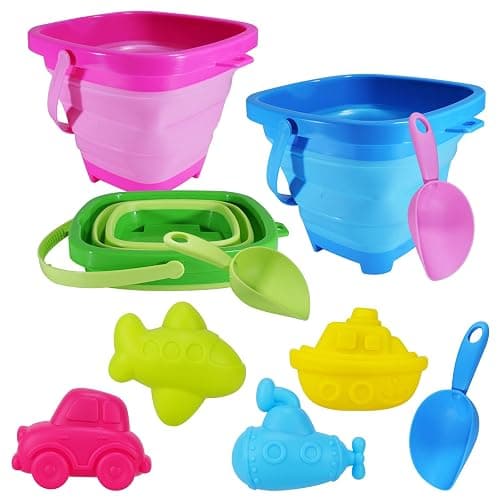 Holady Beach Bucket Sand Toy for Kids,10 PCS Kids Foldable Sand Bucket, Foldable Bucket Portable Silicone Pail and Beach Shovels Set for Kids Beach Play - Image 1