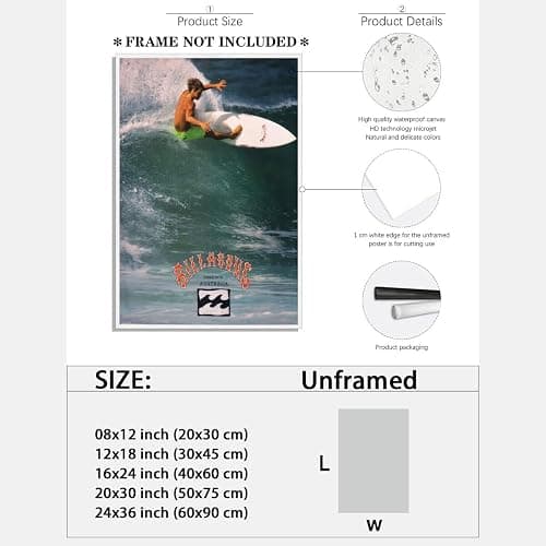 Vintage Billabong Surfing Poster 1990 Classic Surf Wall Art Wave Rider Coastal Canvas Print Retro Ocean Sports Australia Beach for Surfer Home Office Living Room Decor 12x18inch Unframed thumbnail 2