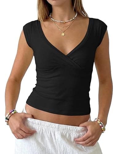 BAIGRAM Women Deep V Neck Wrap Crop Tank Tops Summer Minimalist Outfits Y2K Preppy Slim Fit Cute Cap Sleeve Baby Tee Shirt - Image 1