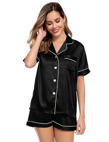 LecGee Womens Silk Satin Pajamas Short Sleeve Loungewear Two-Piece Sleepwear Button-Down Pj Set - Medium - Black-03 thumbnail 2