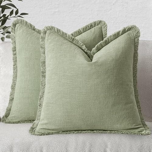 MIULEE Decorative Throw Pillow Covers Neutral Linen Fringe Throw Pillows Set of 2 Sage Green Boho Farmhouse Cushion Covers with Tassels for Couch Sofa Bed Living Room Spring Home Decor 20x20 Inch - Image 1