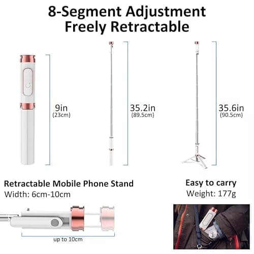 Selfie Stick Phone Tripod for with Remote ​​Selfie Stick Tripod for iPhone & Android,Portable Aluminum Alloy 3 in 1 Stand for Group Photos with 1/4" Screw for Gopro Cam, Vlog/Travel/Photography thumbnail 5