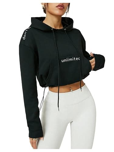 Verdusa Women's Letter Print Drawstring Hoodies Long Sleeve Cropped Hooded Sweatshirts - Image 1