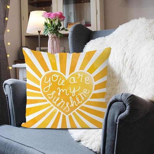 Yellow Bedroom Decor Sun Sunshine You Are My Sunshine Summer Throw Pillow Covers,Sun Kids Teens Girls Room Classroom Decor Heart Cloud Lumber Decorative Pillow Case,18x18 Inch Behemian Pillowcase - Yellow thumbnail 2