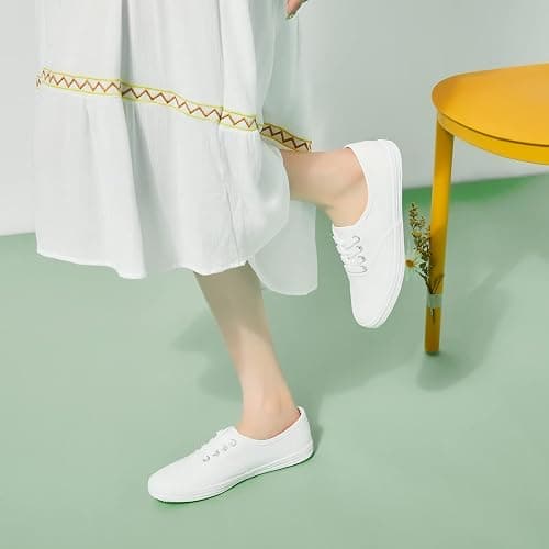 TUOPIN Womens White Canvas Sneakers Low Top Lace-up Canvas Shoes Lightweight Casual Tennis Shoes thumbnail 6