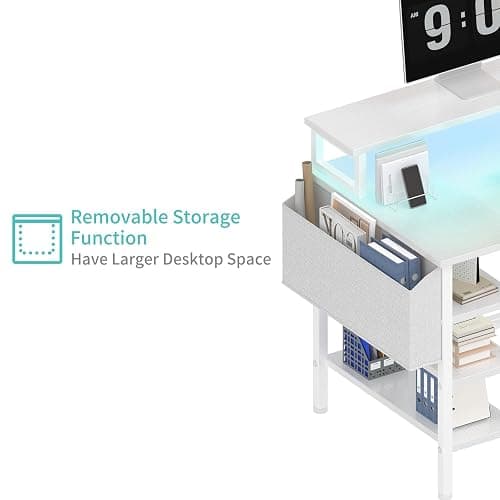Lufeiya White Desk with Storage Shelves - 47 inch Home Office Gaming Desk with Monitor Stand, Computer Desk with LED Lights and Power Outlets, White thumbnail 7