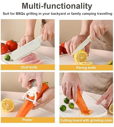 SUJAYU 5 in 1 Mini Knife and Cutting Board Set, Small Camping Cutting Board Cutting Board Scissors, Dorm Kitchen Essentials Travel Knife Set (Beige) thumbnail 4