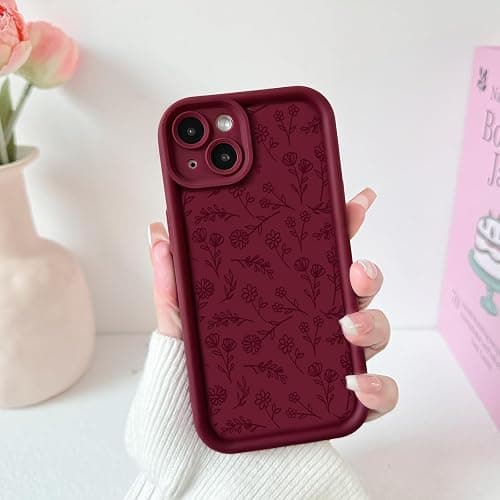 NITITOP Compatible with iPhone 14 Case Cute Flowers Floral Leaves Design for Women Girls Stylish Artistic Soft TPU Shockproof Protective Full Camera Protection Cover - Wine Red thumbnail 3