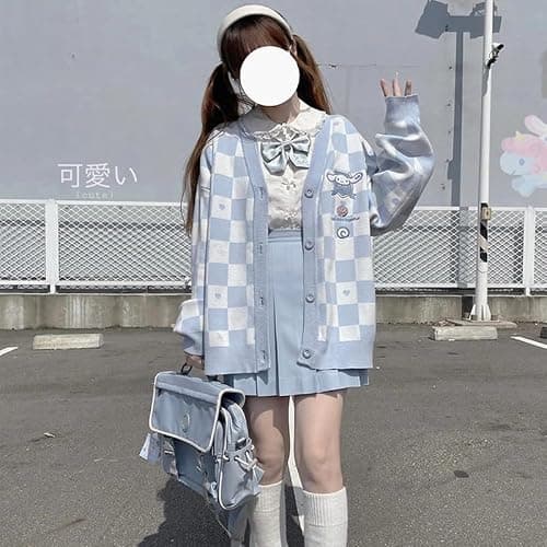 Kawaii Sweater Anime Plaid Cardigan Sweaters Cardigan for Women Cosplay Costume V Neck Long Sleeve thumbnail 3