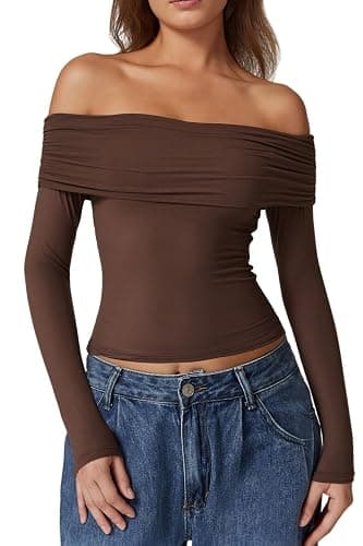 QINSEN Womens Off The Shoulder Tops Double Lined Long Sleeve T Shirts Slim Fitted Stretchy Crop Top - Image 1