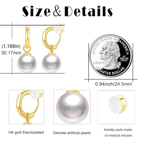 14K Gold Pearl Earrings for Women Vintage Clip On Dangle Earrings Non Pierced Earrings Lightweight Drop Dangle thumbnail 2