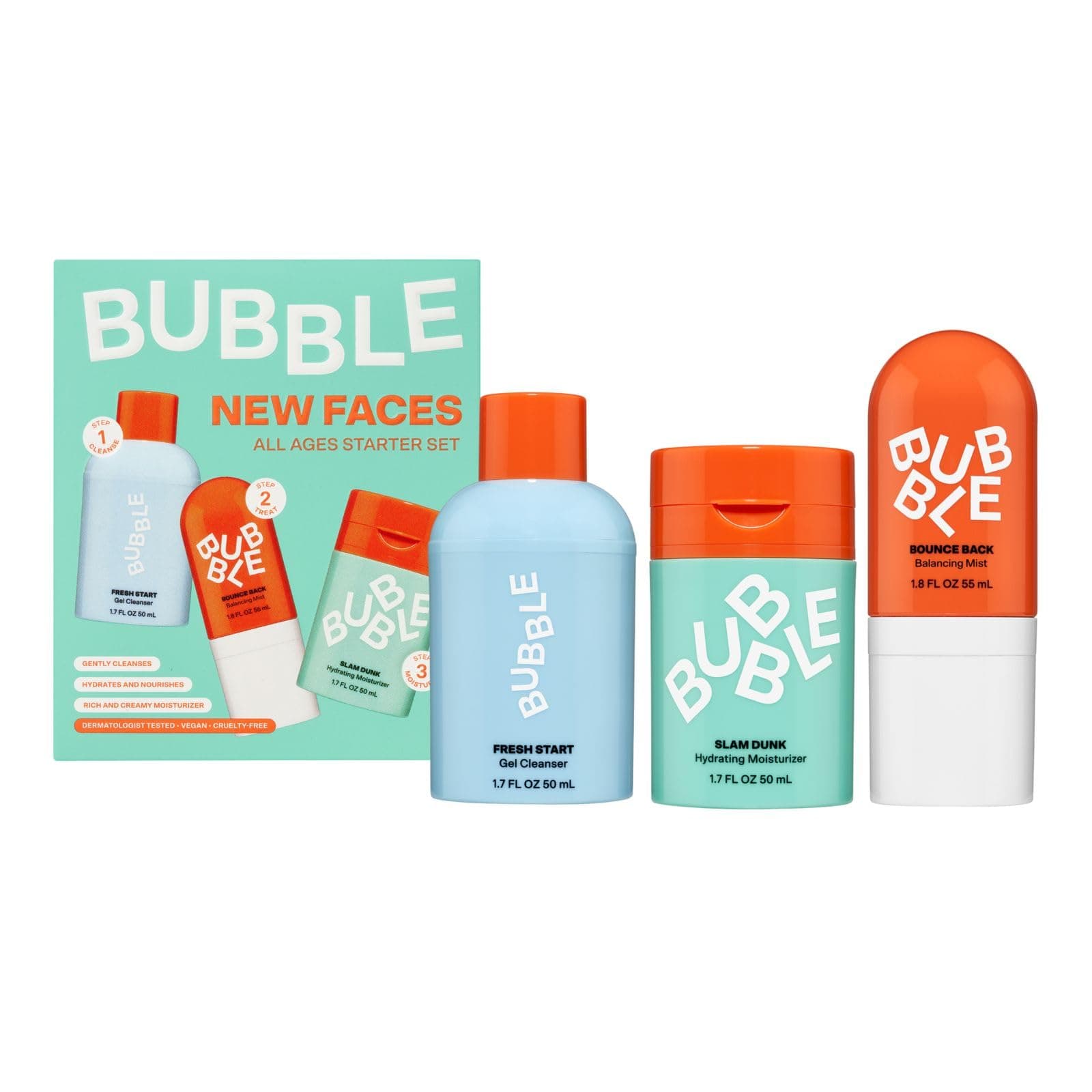Bubble Skincare New Faces Gift Set - Skincare Set Includes Exfoliating Gel Cleanser, Balancing Facial Toner Mist + Hydrating Face Cream for Dry Skin - Skincare for Teens + Adults (3 Count) - Image 1