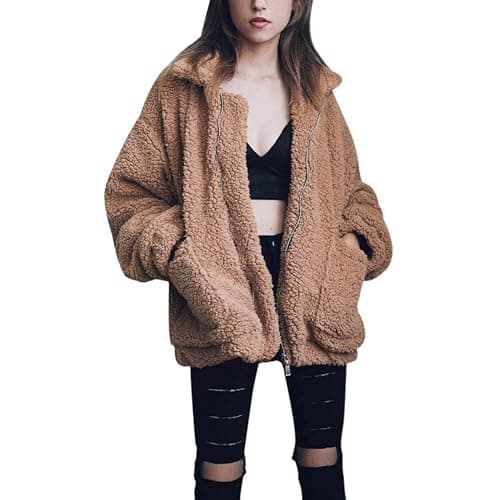Comeon Women's Coat Casual Lapel Fleece Fuzzy Faux Shearling Zipper Coats Warm Winter Oversized Outwear Jackets thumbnail 6
