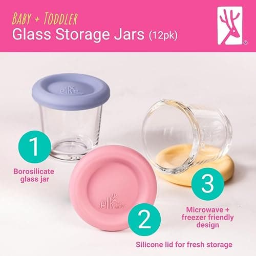 Elk and Friends Baby 4oz Borosilicate Glass Food Storage Jars | 12pk | Borosilicate Glass | Set of 12 | Microwave, Oven + Dishwasher Safe | Perfect for Purees, Breast Milk + Baby Food thumbnail 3