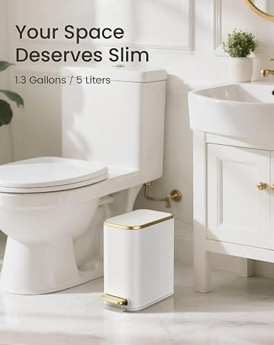 Cesun Small Bathroom Trash Can with Lid Soft Close, 5 Liter/1.3 Gallon Stainless Steel Garbage Can with Removable Inner Bucket, Step Pedal, Slim Waste Basket for Toilet, Office, Bedroom (White&Gold) thumbnail 8