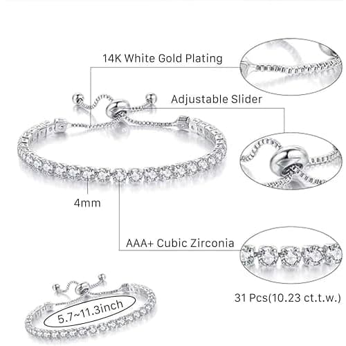 ElegGlo 14K Silver Plated Tennis Bracelet Set Cubic Zirconia Classic Adjustable Bracelet Silver Bracelets for Women Birthday Mother's Day Wedding Gift thumbnail 3
