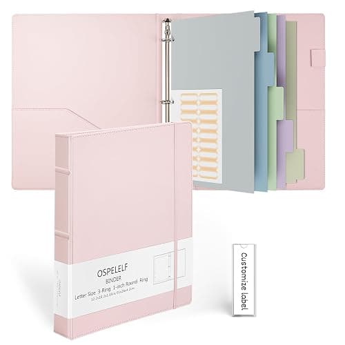 Ospelelf Vintage Hardcover 3 Ring 1 inch Leather Binder, Professional Binders Organizer Suitable for Letter Size Documents, Binder Dividers with Tabs, Faux Pink Leather - Image 1