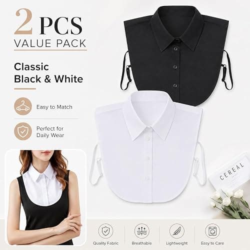 ITISMUNGO 2 Pcs Detachable Fake Pointed Collar for Women, Black & White Dickey Collar Half Shirt, Soft Breathable Faux Collar for Daily/Graduation/Office Outfits thumbnail 3