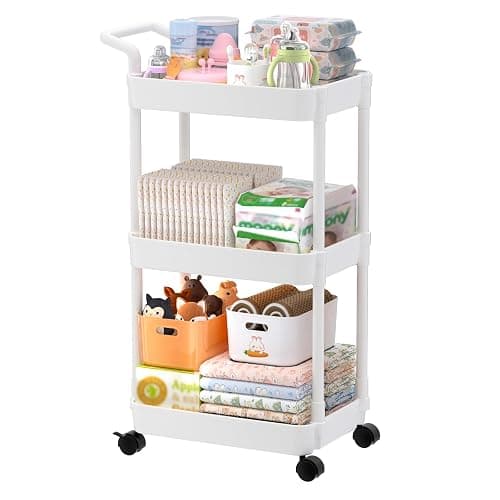 Volnamal Diaper Caddy, 3 Tier Rolling Cart for Baby Essentials, Off-White | Movable & Easy Assemble Cart for Newborn Nursery Essentials, Diaper Storage Organizer for Changing Table&Crib, Baby Registry - Image 1