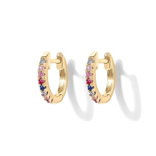 PAVOI 14K Gold Plated 925 Sterling Silver Post Huggies | Cubic Zirconia Huggie Earrings for Women | Green, Garnet, Spinel Blue, Black, Multicolored Stones thumbnail 3