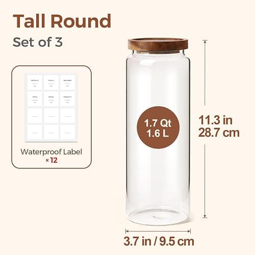 ComSaf Glass Pasta Storage Containers with Acacia Wood Lids 1.7Qt 3Pack | 11.3in Tall jar, for Cooks, Spaghetti Pasta Oats Cereal Beans, Kitchen Pantry Cabinet, Long Canisters with Labels, Durable thumbnail 3
