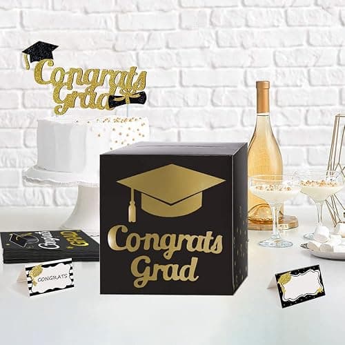 Graduation Card Box Holder, Congrats Grad Foldable Cardboard Decorations Box for Graduation Party Decoration and Grad Parties (Black) thumbnail 2