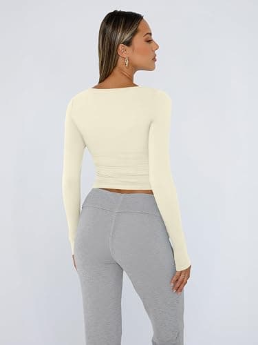 Trendy Queen Womens Long Sleeve Shirts Crop Tops Fall Fashion 2025 Square Neck Going Out Basics Tees Y2k Clothes thumbnail 4