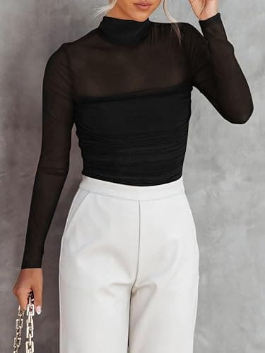 Dressmine Women's Sheer Mesh Top Floral Mock Turtle Neck Sexy Long Sleeve Double Layer Ruched Going Out Tops thumbnail 2