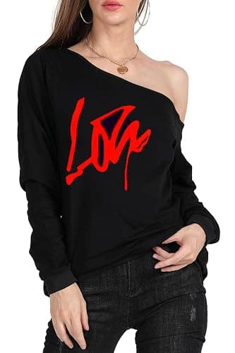 MAGICMK Woman’s Sweatershirt Lips Print Causal Blouse Off The Shoulder Long Sleeve Loose Slouchy Pullover Plus Size Tops - Black+blips - 5X-Large thumbnail 4